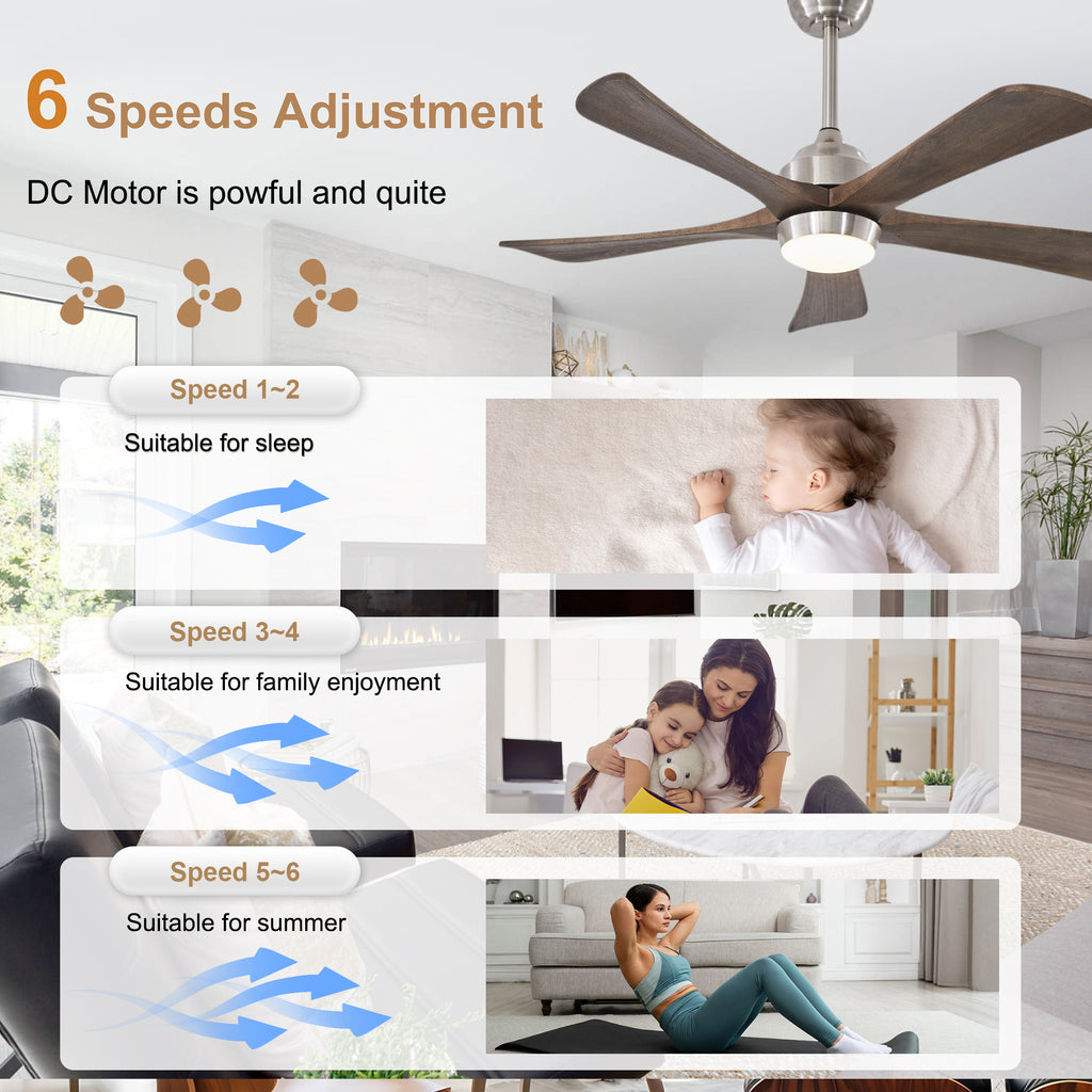 42 Inch Modern Farmhouse Stain Nickel Solid Wood Blade Ceiling Fan with Lights & Remote Control, 6 Speed DC Motor Reversible Ceiling Fan