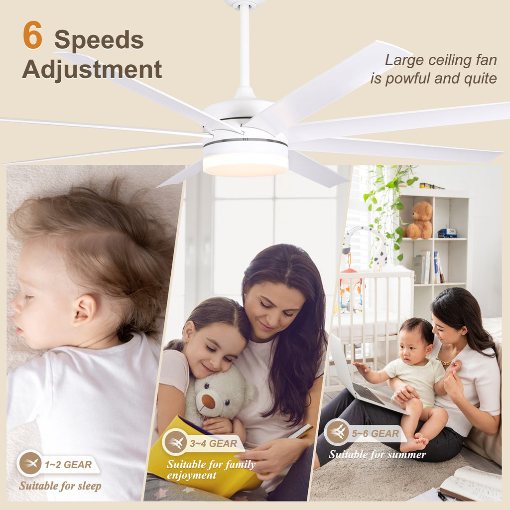 65 Inch Modern White Extra Large Ceiling Fan with LED Light and Remote, 6 Speeds DC Motor Reversible Ceiling Fan for Large Rooms