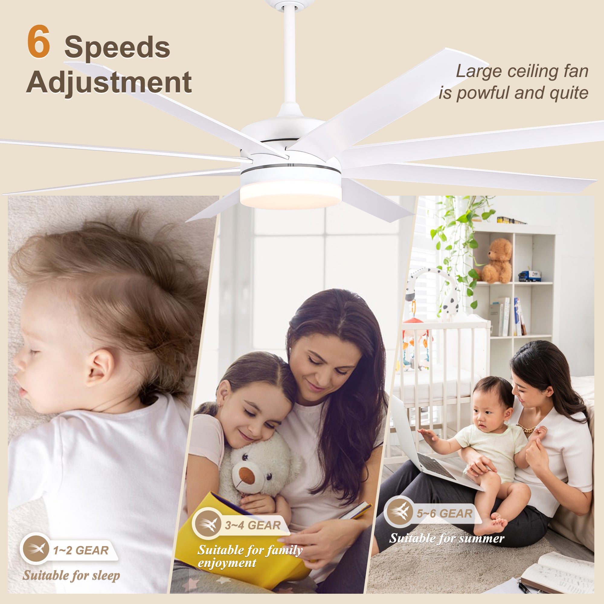 65 Inch Modern White Extra Large Ceiling Fan with LED Light and Remote, 6 Speeds DC Motor Reversible Ceiling Fan for Large Rooms
