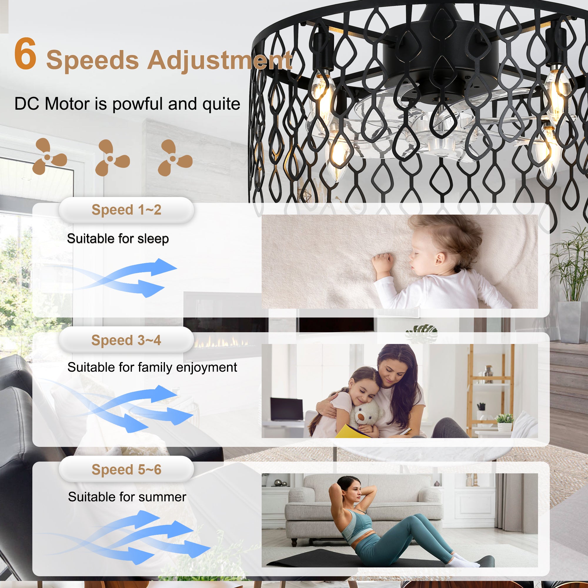 19 Inch Modern Black Drum Caged Ceiling Fan with Lights and Remote, 6 Speeds DC Motor Reversible Bladeless Fandelier Ceiling Fan