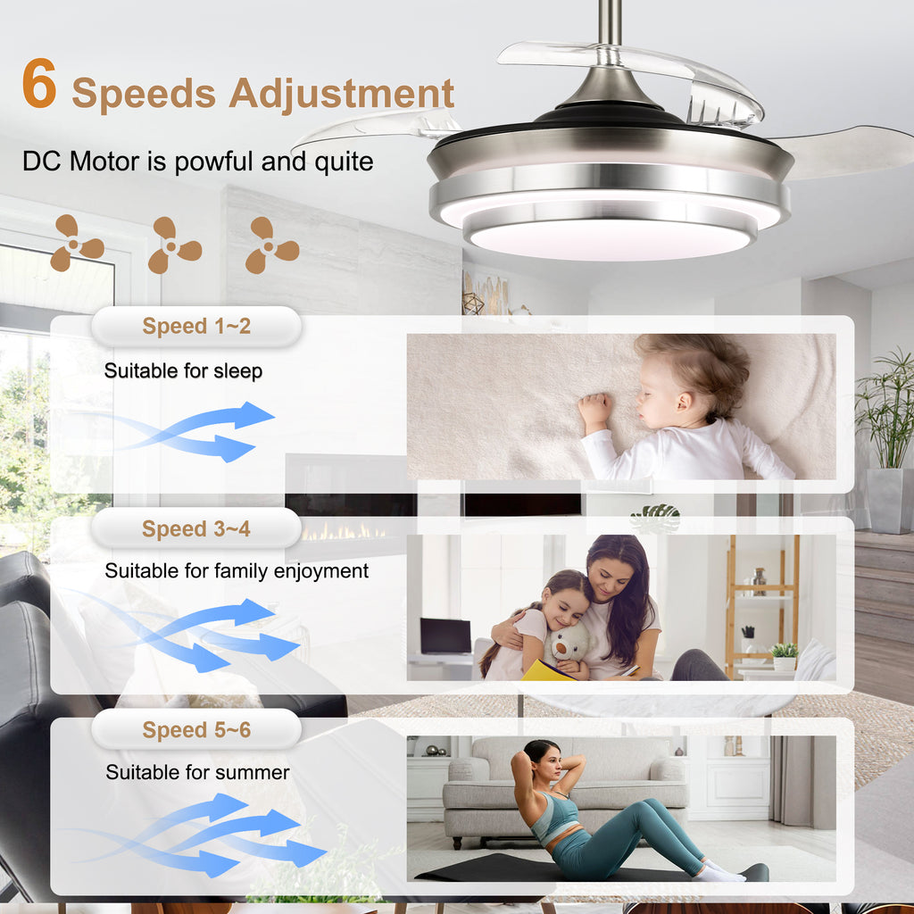 36 Inch Chrome Modern Retractable Ceiling Fan with LED Light and Remote, 6 Speeds DC Motor Bladeless Fandelier Ceiling Fan