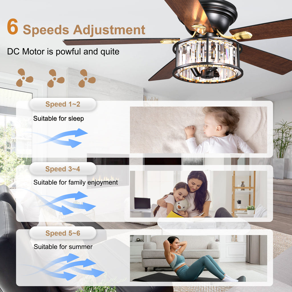 52 Inch Modern Glam Crystal Flush Mount Ceiling Fan with Lights and Remote, 6 Speeds DC Motor Reversible Low Profile Ceiling Fan