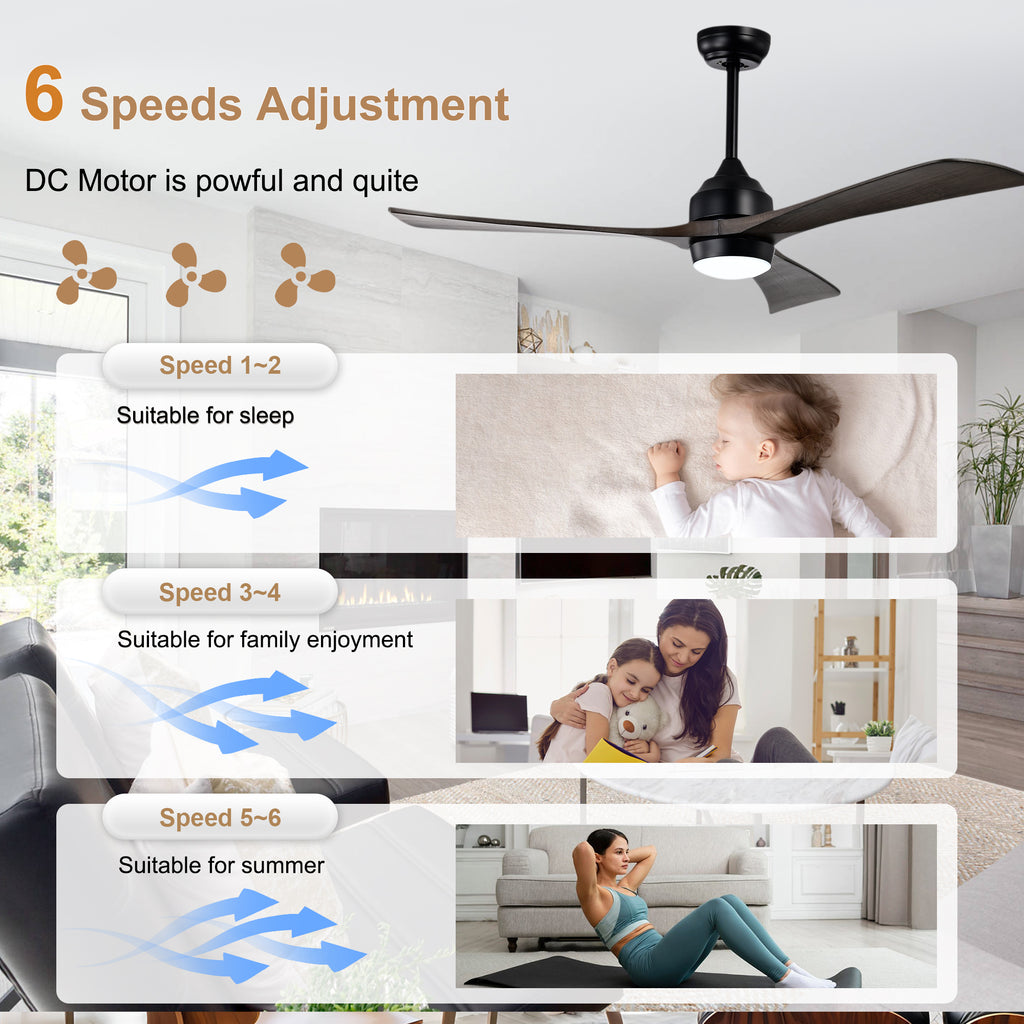 52 Inch Modern Farmhouse Black 3 Blade Ceiling Fan with Lights & Remote Control, 6 Speed DC Motor Reversible Ceiling Fan