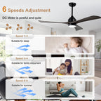 52 Inch Modern Farmhouse Black 3 Blade Ceiling Fan with Lights & Remote Control, 6 Speed DC Motor Reversible Ceiling Fan
