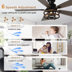 52 Inch Farmhouse Flush Mount Ceiling Fan with Lights and Remote, 6 Speeds DC Motor Reversible Low Profile Ceiling Fan for Living Room