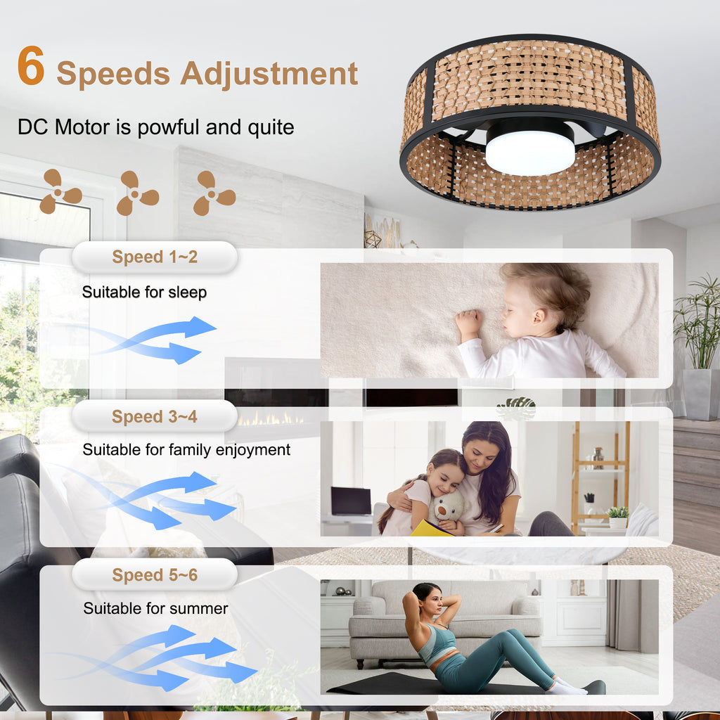 Bohemian 20 Inch Flush Mount Ceiling Fan with Light Caged Bamboo and Paper Rope Woven Shade Ceiling Fan with Ligth Dimmable LED and Reversible DC Motor Ceiling Fan Suit for Bedroom, Kitchen