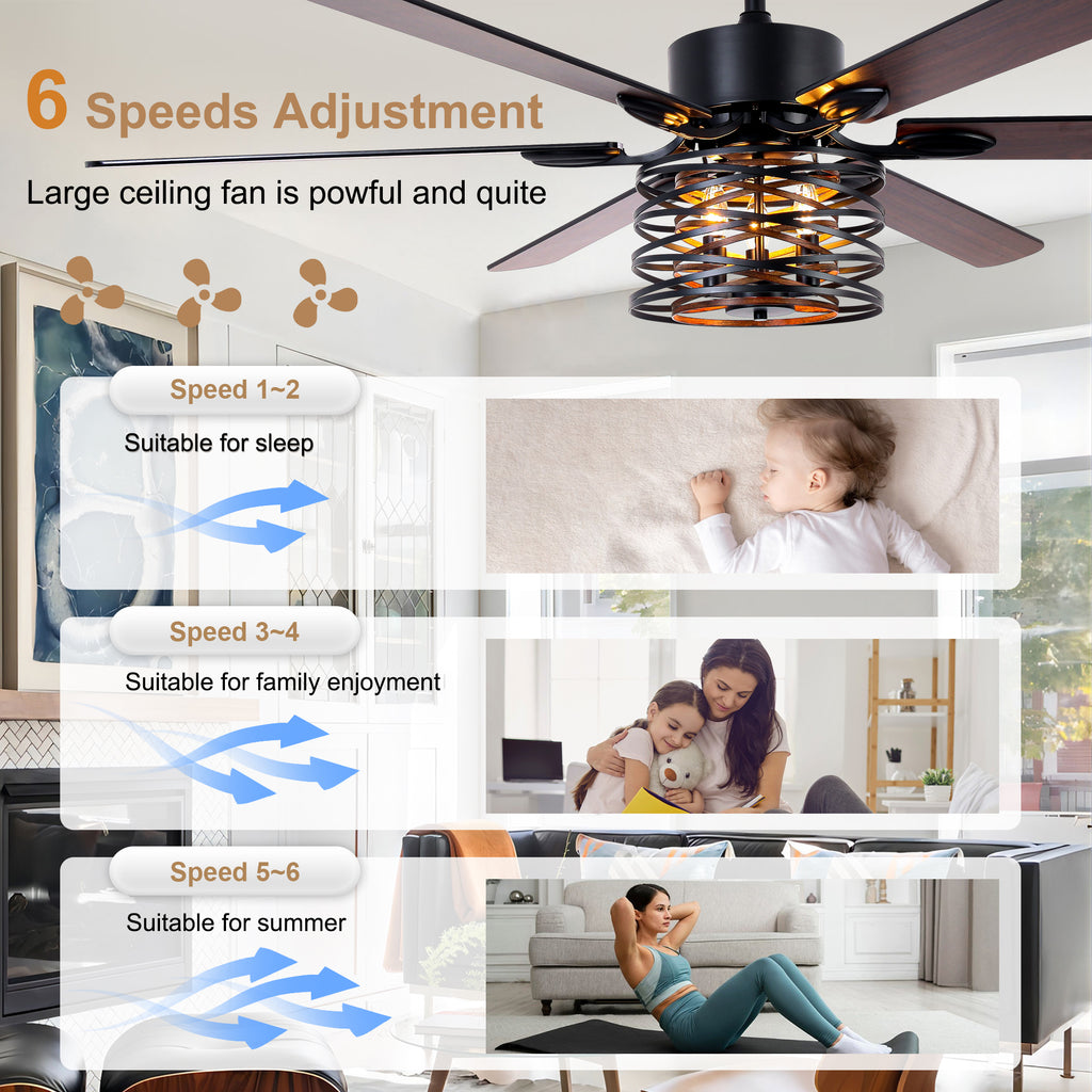 65 Inch Black Caged Large Ceiling Fan with Lights and Remote Control, 6 Speeds DC Motor Farmhouse Ceiling Fan for Large Rooms