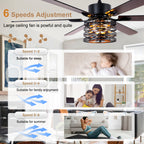 65 Inch Black Caged Large Ceiling Fan with Lights and Remote Control, 6 Speeds DC Motor Farmhouse Ceiling Fan for Large Rooms