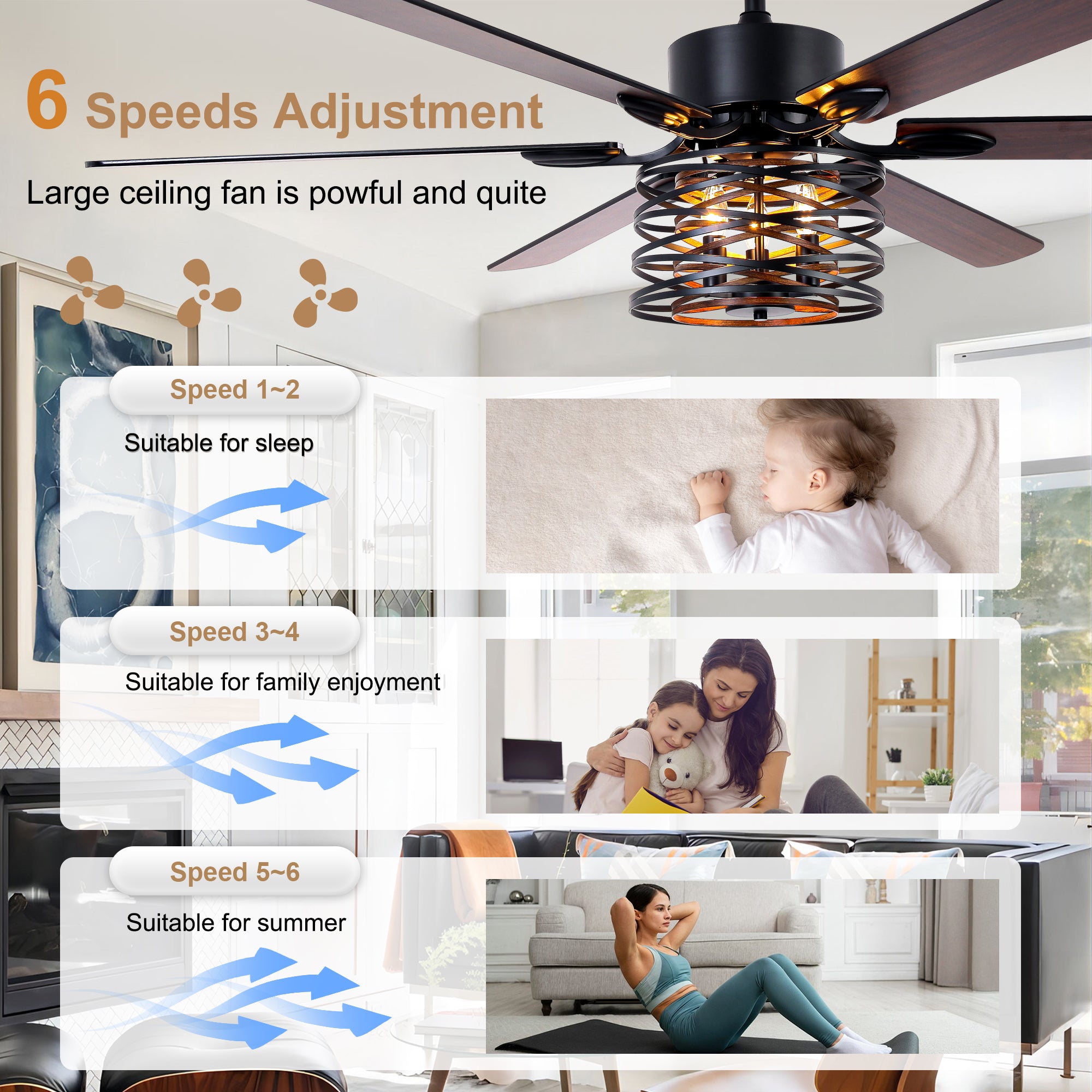 65 Inch Black Caged Large Ceiling Fan with Lights and Remote Control, 6 Speeds DC Motor Farmhouse Ceiling Fan for Large Rooms