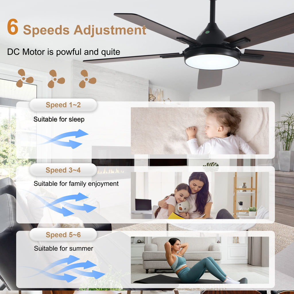 52 Inch Black Modern Ceiling Fan with LED Light, 6-Speed Reversible DC Motor, 5 Dual-Finish Wood Blades, Remote Control, Adjustable Height