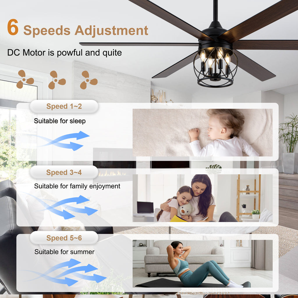 Industrial 60 Inch Caged Ceiling Fan with Light 6 Wood Blades Reversible Quiet DC Motor Ceiling Fan 3 Downrods with Remote Control Ceiling Fan Suit for Living Room, Bedroom