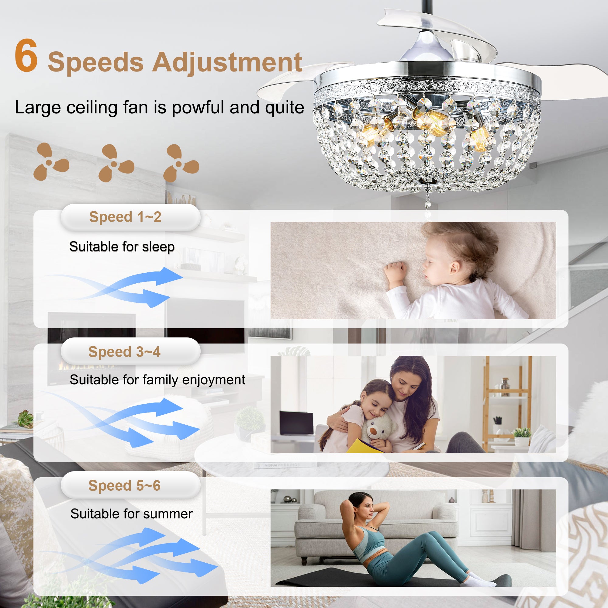 42 Inch Chrome Modern Glam Crystal Retractable Ceiling Fan with Lights and Remote Control, 6 Speeds DC Motor Fandelier Ceiling Fan