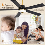 52 Inch Black and Gold Modern Ceiling Fan with LED Light and Remote Control, 6 Speeds DC Motor 5-Blade Reversible Ceiling Fan for Living Room