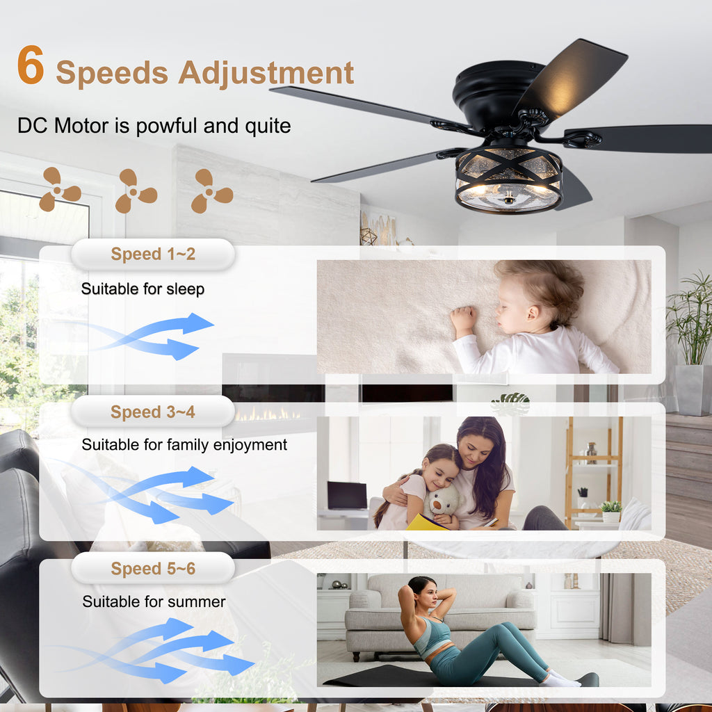 Farmhouse 52 Inch Caged  Flush Mount Ceiling Fan with Light Quiet Reversible DC Motor with 5 Fan Blades Ceiling Fan with Light Remote Control Adjustable 6 Speed Ceiling Fan with Light Suit for Bedrooms, Living Rooms, Kitchens