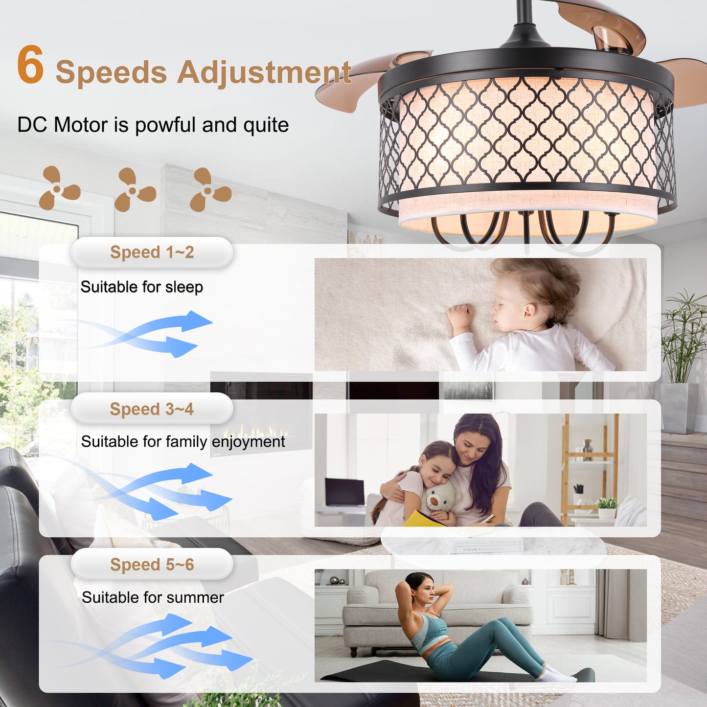 DC4271-B-BellaDepot 42" Vintage Chandelier Fan with Fabric and Metal Decor, Caged Ceiling Fan with Remote Control and Lights