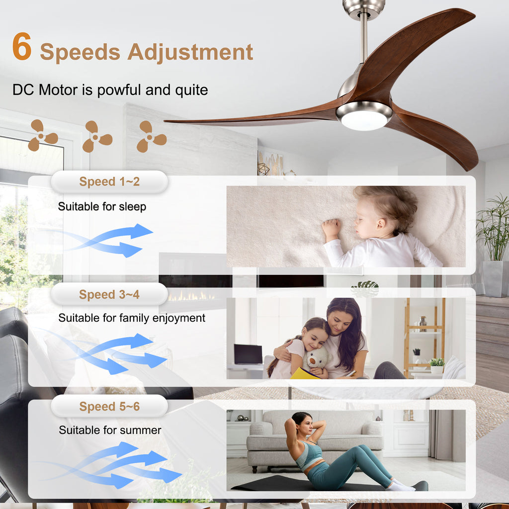 52 Inch Modern Stain Nickel Walnut Wood Ceiling Fan with Lights & Remote Control, 6 Speed DC Motor Reversible Ceiling Fan