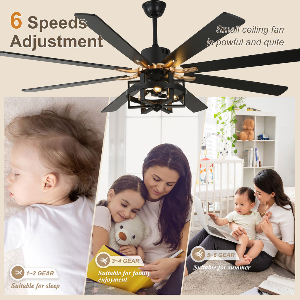 DC6501-BellaDepot 65" 8 Wooden Blades Black/Silver Finish Industrial Caged Reversible Ceiling Fan with Remote and 3 Lights, Large Size 6-speed Ceiling Fan