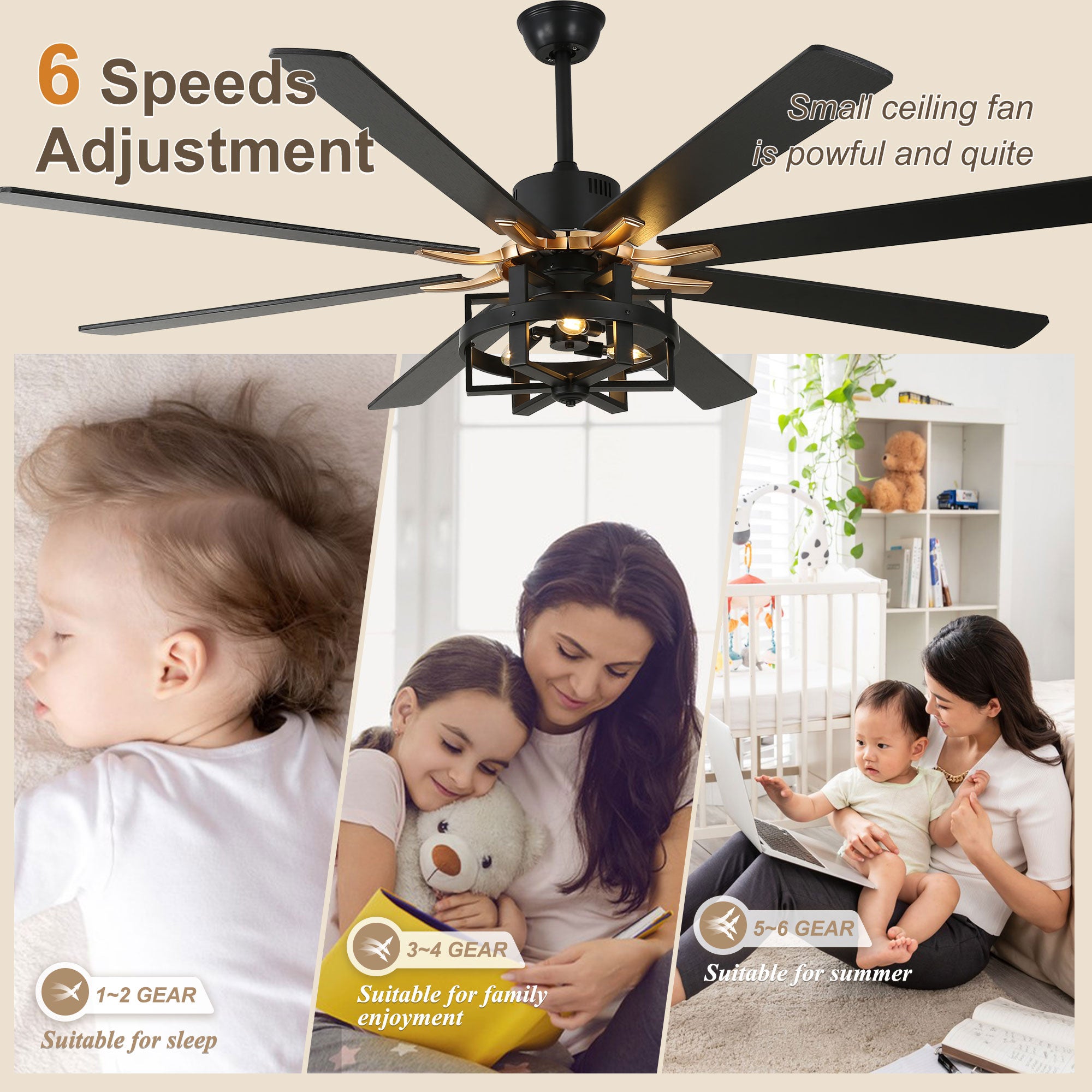 DC6501-BellaDepot 65" 8 Wooden Blades Black/Silver Finish Industrial Caged Reversible Ceiling Fan with Remote and 3 Lights, Large Size 6-speed Ceiling Fan