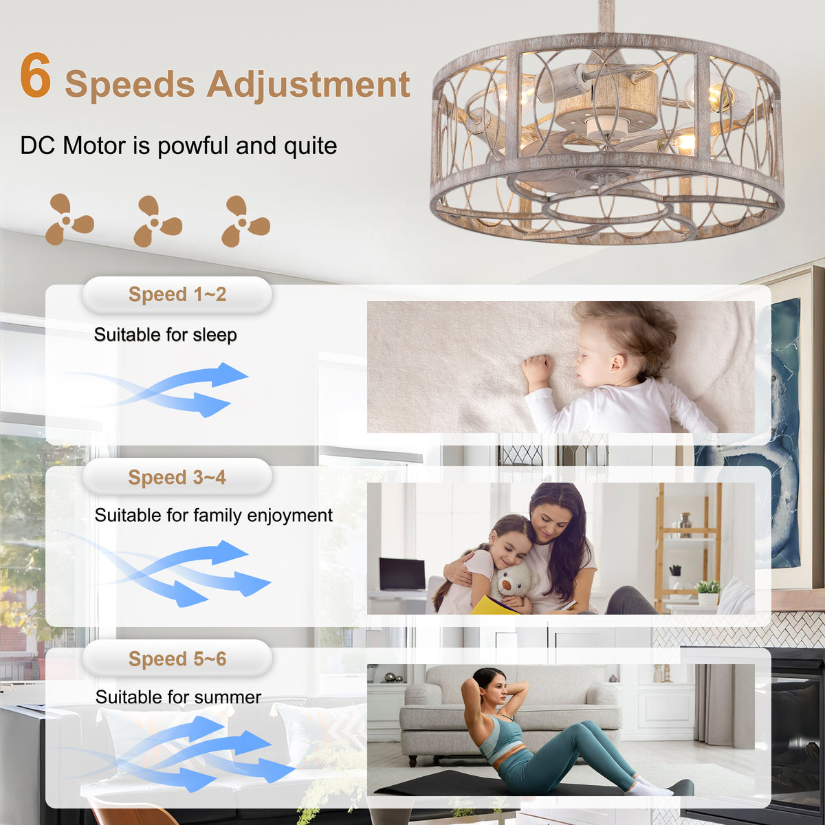 Industrial 20 Inch Distressed White Caged Ceiling Fan with Light Quiet DC Motor with Remote Control Ceiling Fan Small Farmhouse Ceiling Fan with Light Suit for Bedroom, Kitchen,Living Room