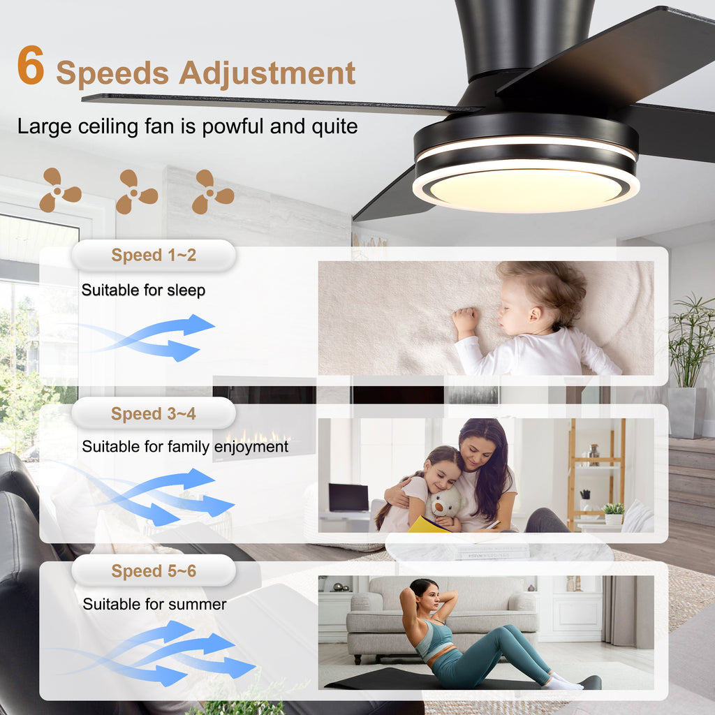 44 Inch Black/Chrome Modern Flush Mount Ceiling Fan with Dimmable LED Lights and Remote, 6 Speeds DC Motor Low Profile Ceiling Fan
