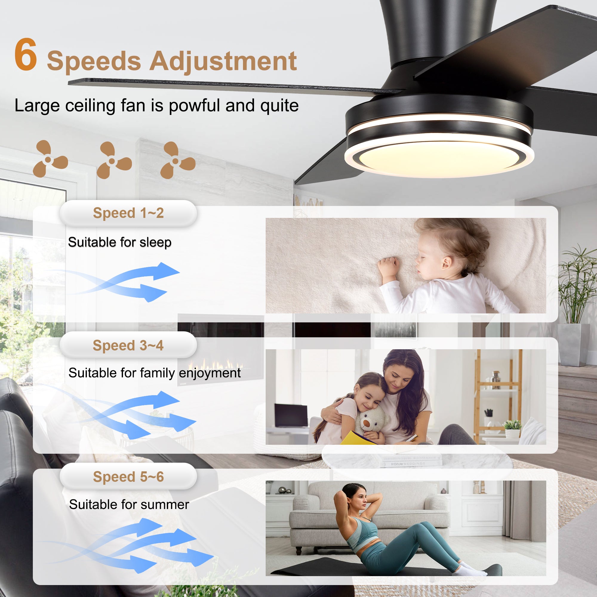44 Inch Black/Chrome Modern Flush Mount Ceiling Fan with Dimmable LED Lights and Remote, 6 Speeds DC Motor Low Profile Ceiling Fan