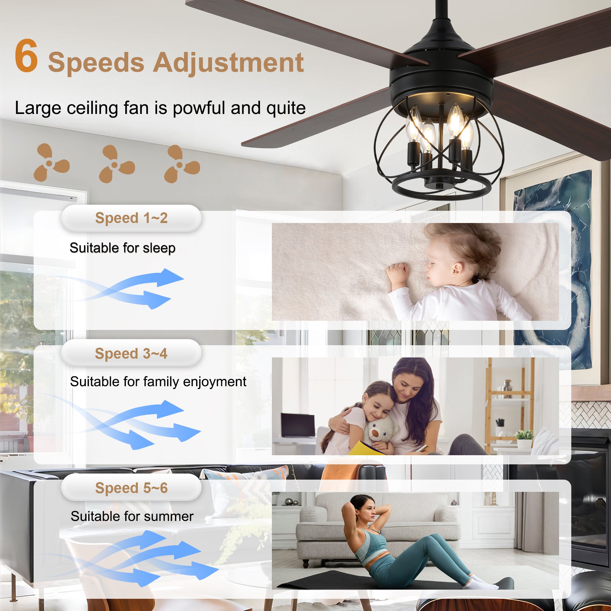 52 Inch Rustic Black Ceiling Fan with Lights and Remote, 6-Speed DC Motor Reversible Farmhouse Industrial Ceiling Fan