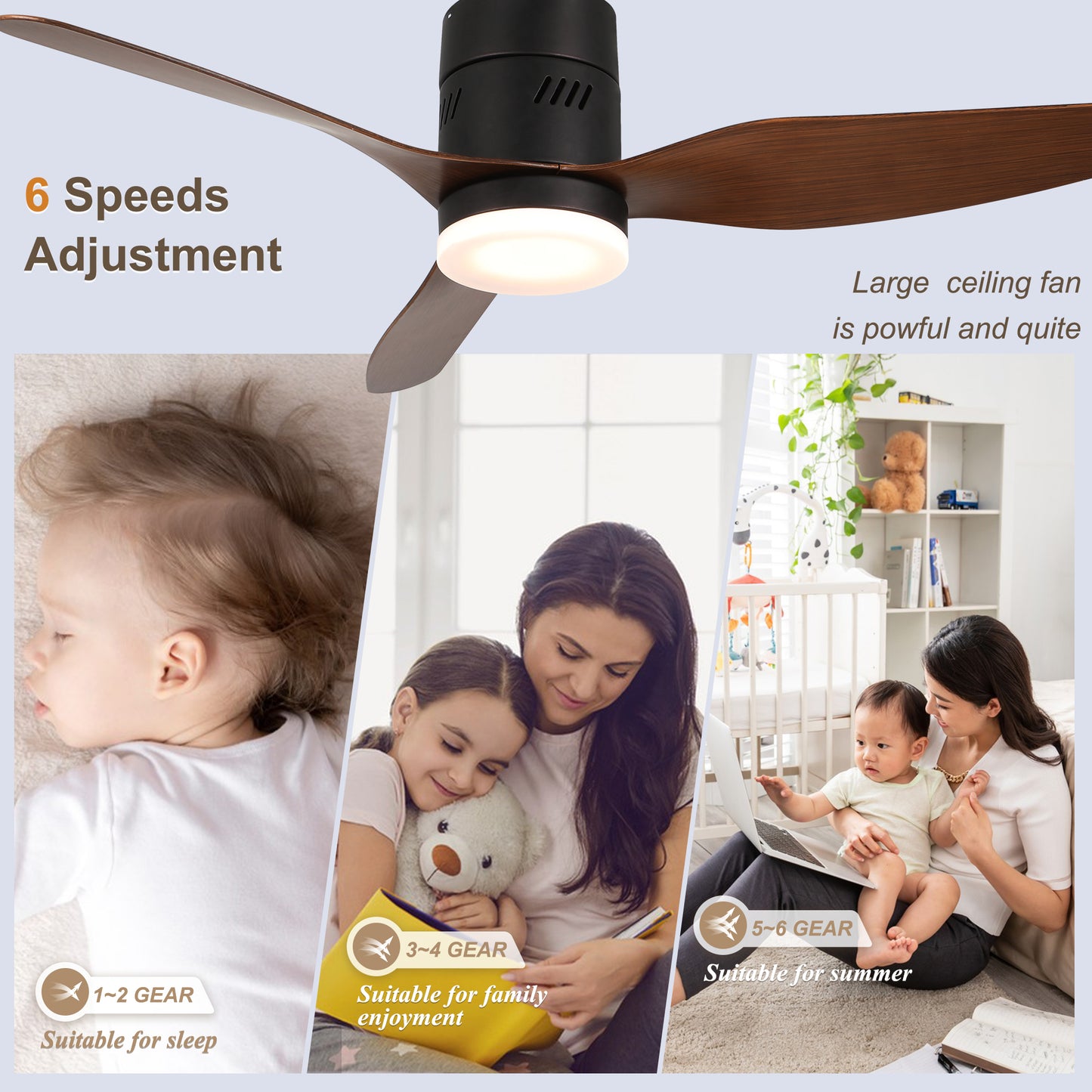 DC4601GED-46" 3 Blades Simple Modern Flush Mounted Reversible Ceiling Fan with Remote and LED Light Kit Included, 6-speed Dimmable Ceiling Fan