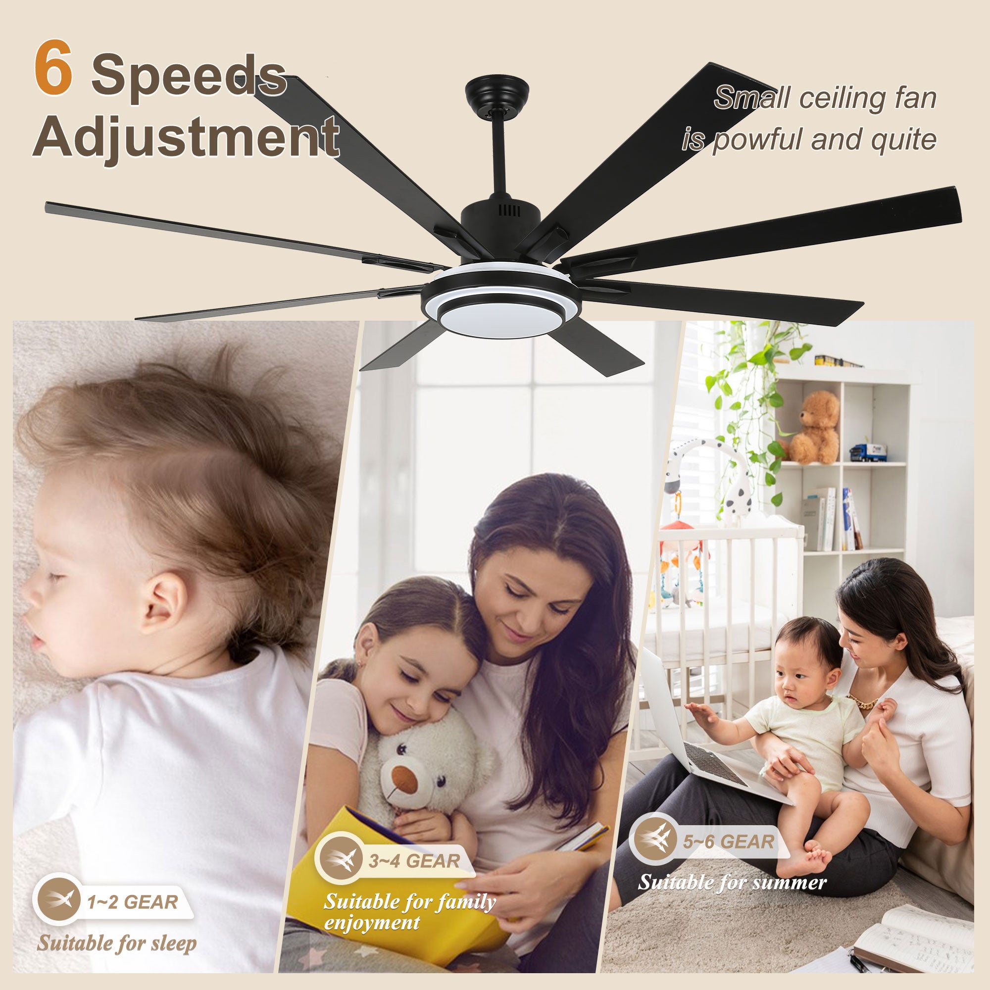 72 Inch Modern Black/Gold/Chrome Ceiling Fan with Dimmable LED Light and Remote Control, 6 Speeds DC Motor Reversible Extra Large Ceiling Fan