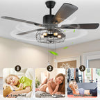 52 Inch Black Industrial Caged Ceiling Fan with Lights and Remote, 3-Speed Reversible Ceiling Fan for Large Room
