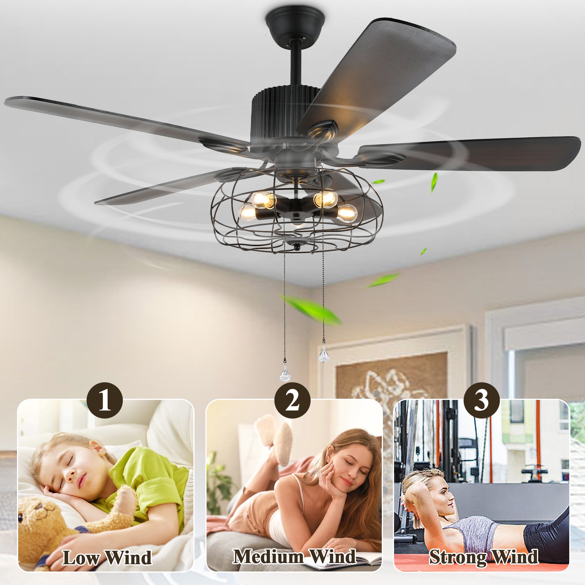 52 Inch Black Industrial Caged Ceiling Fan with Lights and Remote, 3-Speed Reversible Ceiling Fan for Large Room