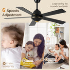 52 Inch Black Modern Ceiling Fan with Remote Control, 6 Speeds DC Motor 5-Blade Reversible Ceiling Fan for Living Room