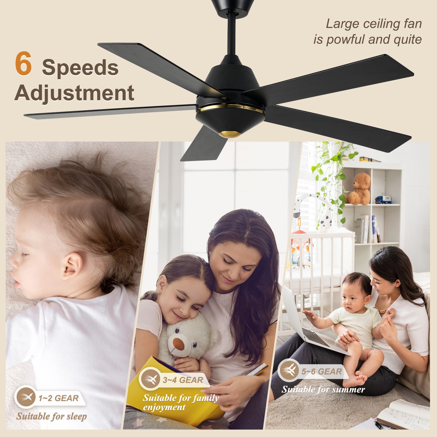 HWJ5219-52" 5 Wooden Blades Modern Reversible Ceiling Fan with Remote and LED Lights, Large Size 6-speed Ceiling Fan