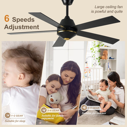 HWJ5219-52" 5 Wooden Blades Modern Reversible Ceiling Fan with Remote and LED Lights, Large Size 6-speed Ceiling Fan