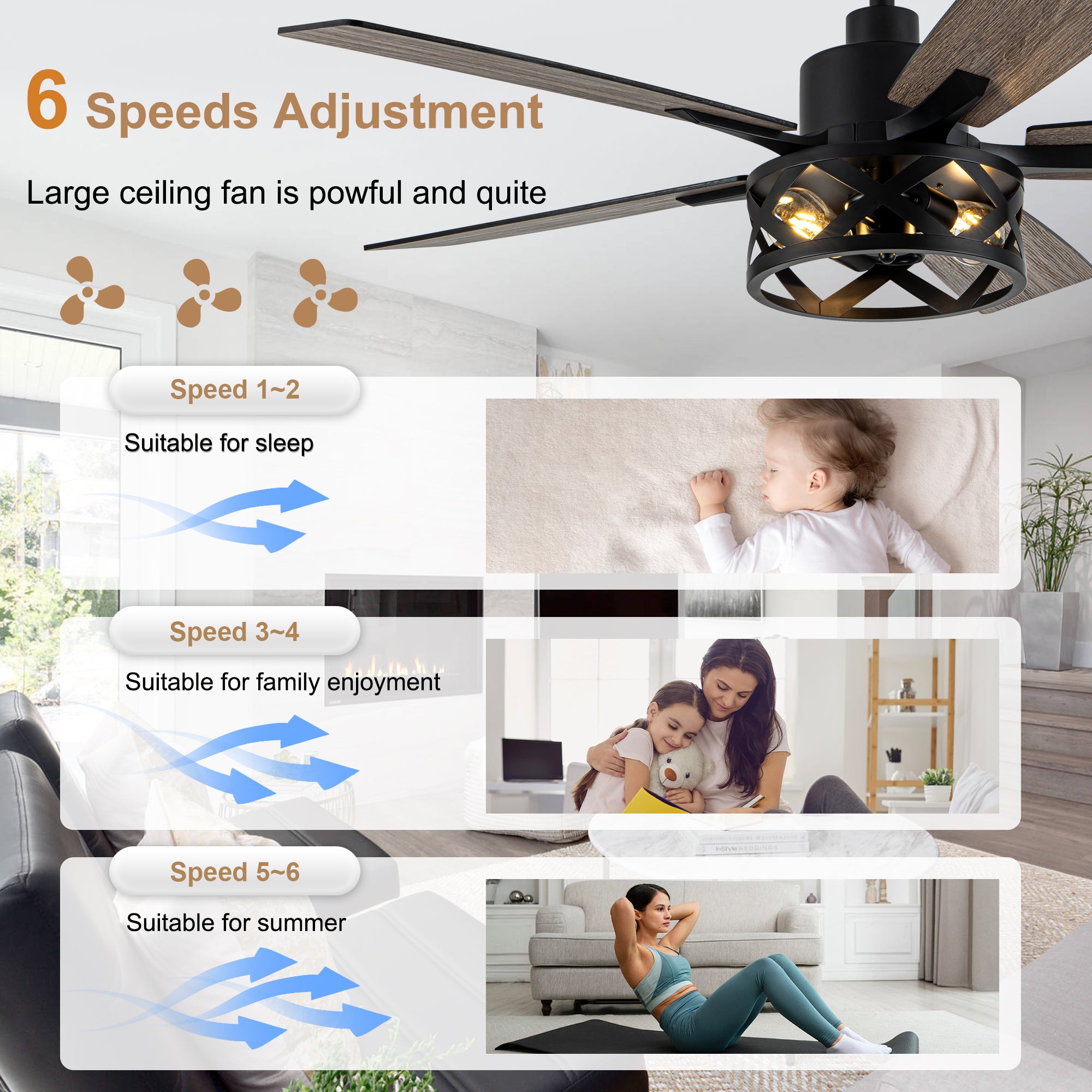52 Inch Industrial Wood Grain Caged Ceiling Fan with Remote and Reversible Blades, 6-Speed Ceiling Fan with Lights