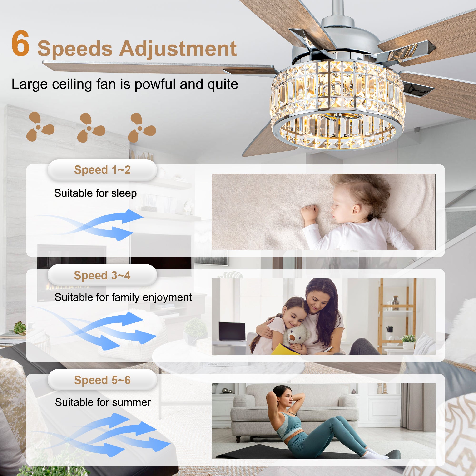 52 Inch Luxury Crystal Caged Chrome Ceiling Fan with Remote, 6-Speed Adjustable, Light Included, Reversible Blades for Living Room & More