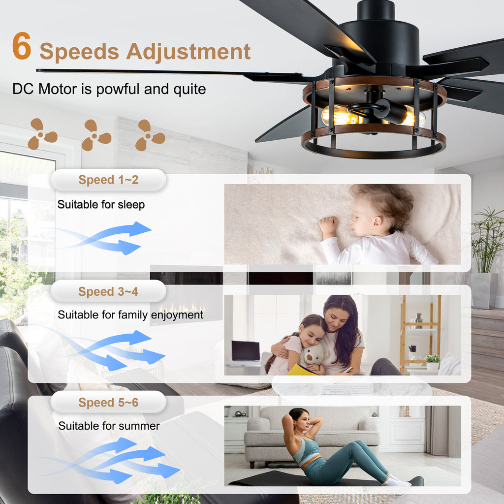 52 Inch Black Farmhouse Ceiling Fan with Lights and Remote Control,6 Speeds Dual-Finish Blades Caged Ceiling Fan