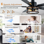 52 Inch Black Farmhouse Ceiling Fan with Lights and Remote Control,6 Speeds Dual-Finish Blades Caged Ceiling Fan