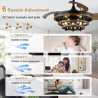 42 Inch Black Farmhouse Retractable Ceiling Fan with Lights and Remote Control, 6 Speeds Reversible Fandelier Ceiling Fan with DIY Shade
