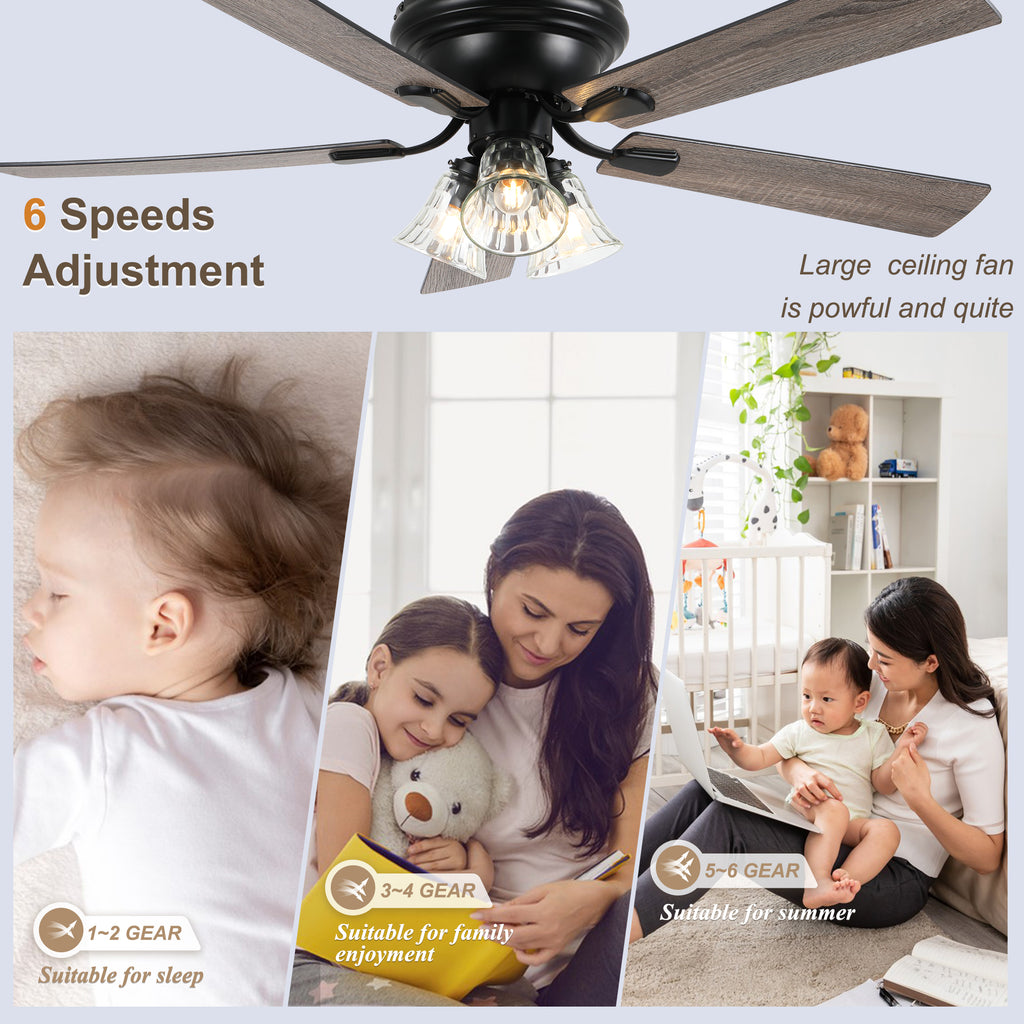 52/60 Inch Black Farmhouse Flush Mount Ceiling Fan with Lights and Remote Control, 6 Speeds DC Motor Low Profile Ceiling Fan with Glass Shade