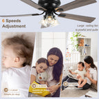 52/60 Inch Black Farmhouse Flush Mount Ceiling Fan with Lights and Remote Control, 6 Speeds DC Motor Low Profile Ceiling Fan with Glass Shade