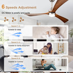 52 Inch Modern Farmhouse Stain Nickel Solid Wood Blade Ceiling Fan with Lights & Remote Control, 6 Speed DC Motor Reversible Ceiling Fan