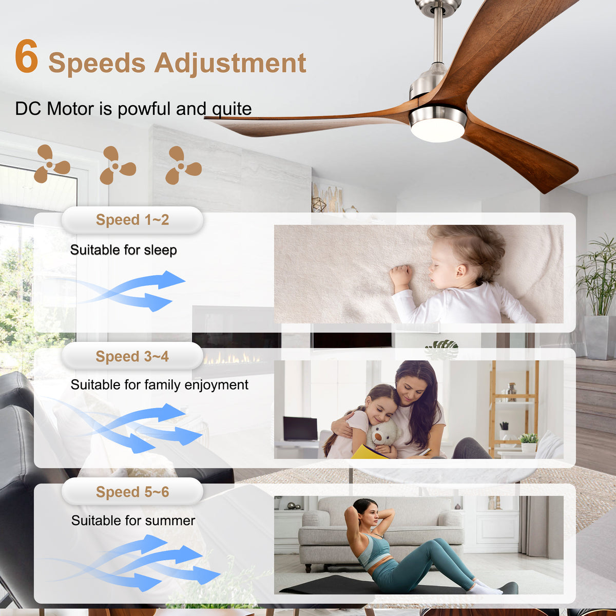 52 Inch Modern Farmhouse Stain Nickel Solid Wood Blade Ceiling Fan with Lights & Remote Control, 6 Speed DC Motor Reversible Ceiling Fan