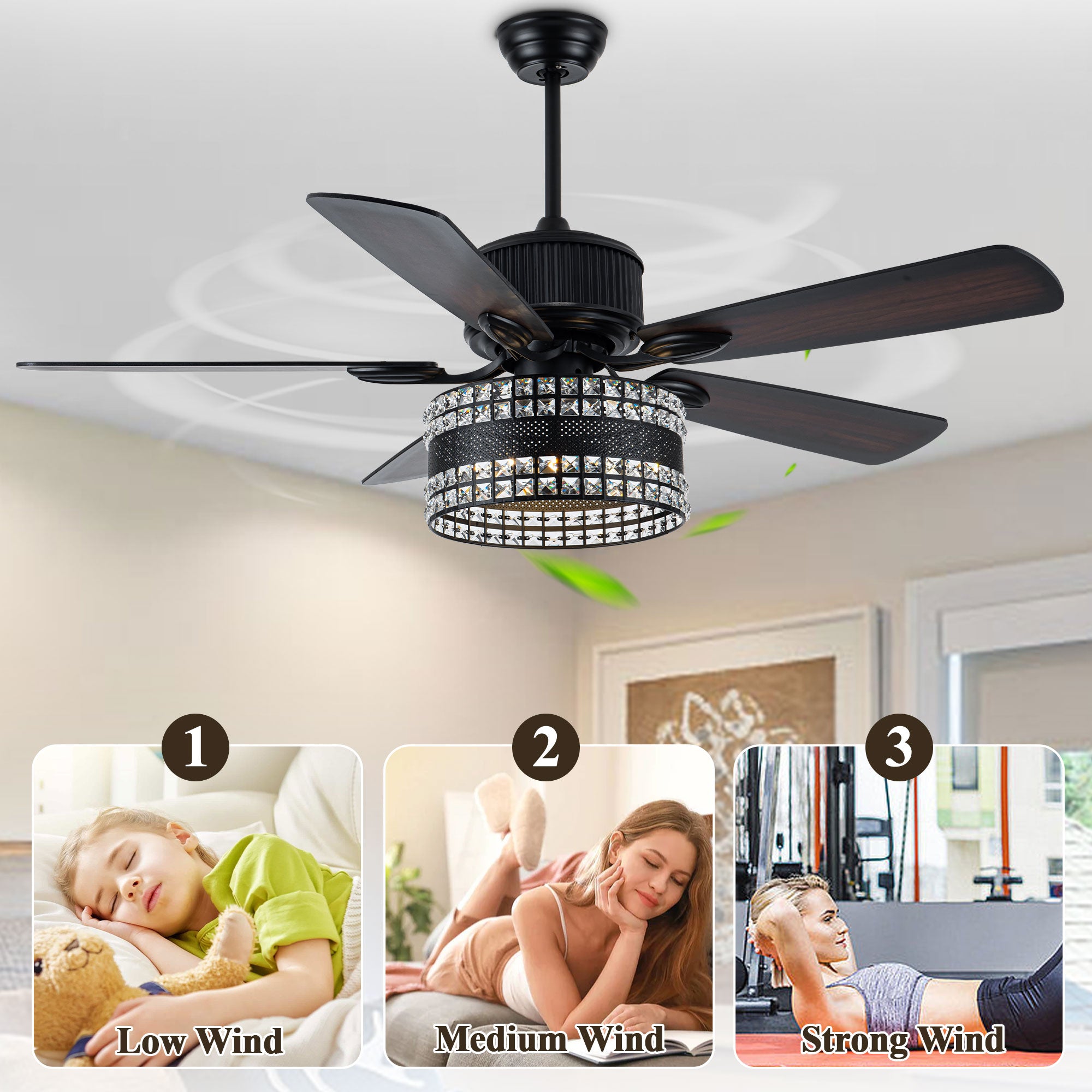 BD2069-BellaDepot 52" Black Crystal Caged Reversible Ceiling Fan with Remote and 3 Lights, DC Motor Ceiling Fan