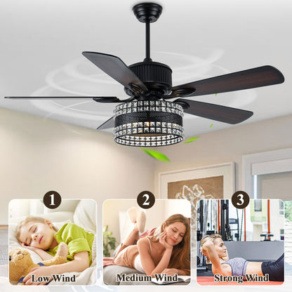 BD2069-52 Inch Large Size Black Color Caged Reversible Crystal Ceiling Fan with Remote and Lights