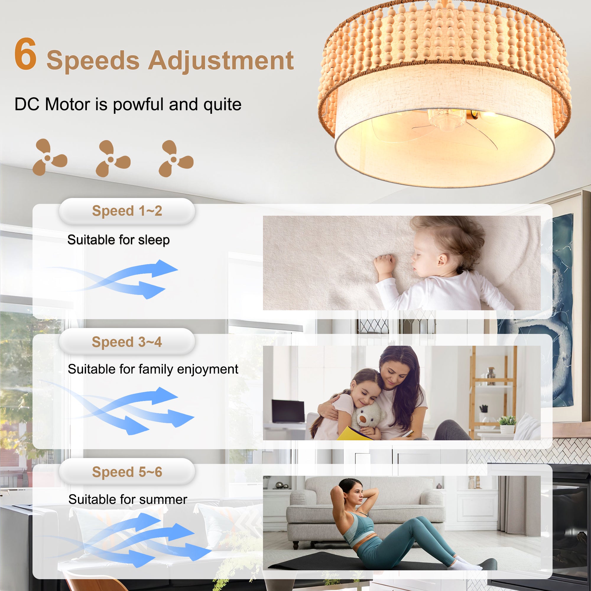 20 Inch Gold Bohemian Drum Ceiling Fan with Lights and Remote, 6 Speeds DC Motor Reversible Bladeless Fandelier Ceiling Fan with Wood Beaded Shade