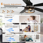 52 Inch Black Farmhouse Ceiling Fan with Lights and Remote Control, 6 Speeds DC Motor Reversible Caged Ceiling Fan