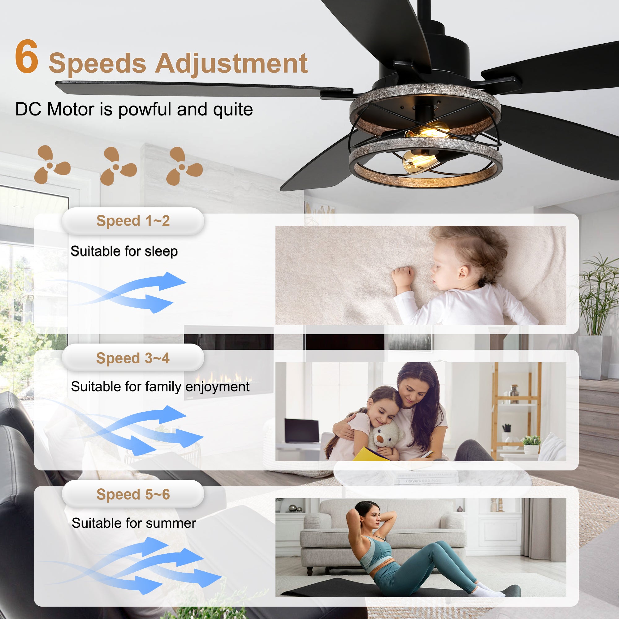 52 Inch Black Farmhouse Ceiling Fan with Lights and Remote Control, 6 Speeds DC Motor Reversible Caged Ceiling Fan