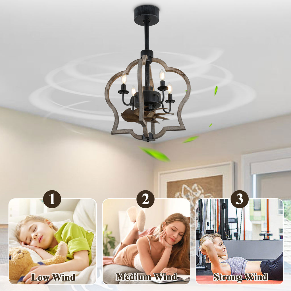 15 Inch Farmhouse Wood Caged Ceiling Fan with Lights and Remote Control, 3-Speed Reversible Bladeless Ceiling Fan for Bedroom