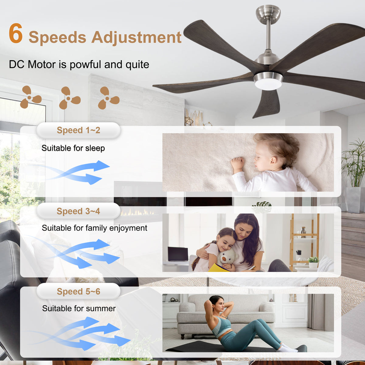 52 Inch Modern Farmhouse Solid Wood 3 Blade Ceiling Fan with Lights & Remote Control, 6 Speed DC Motor Reversible Ceiling Fan