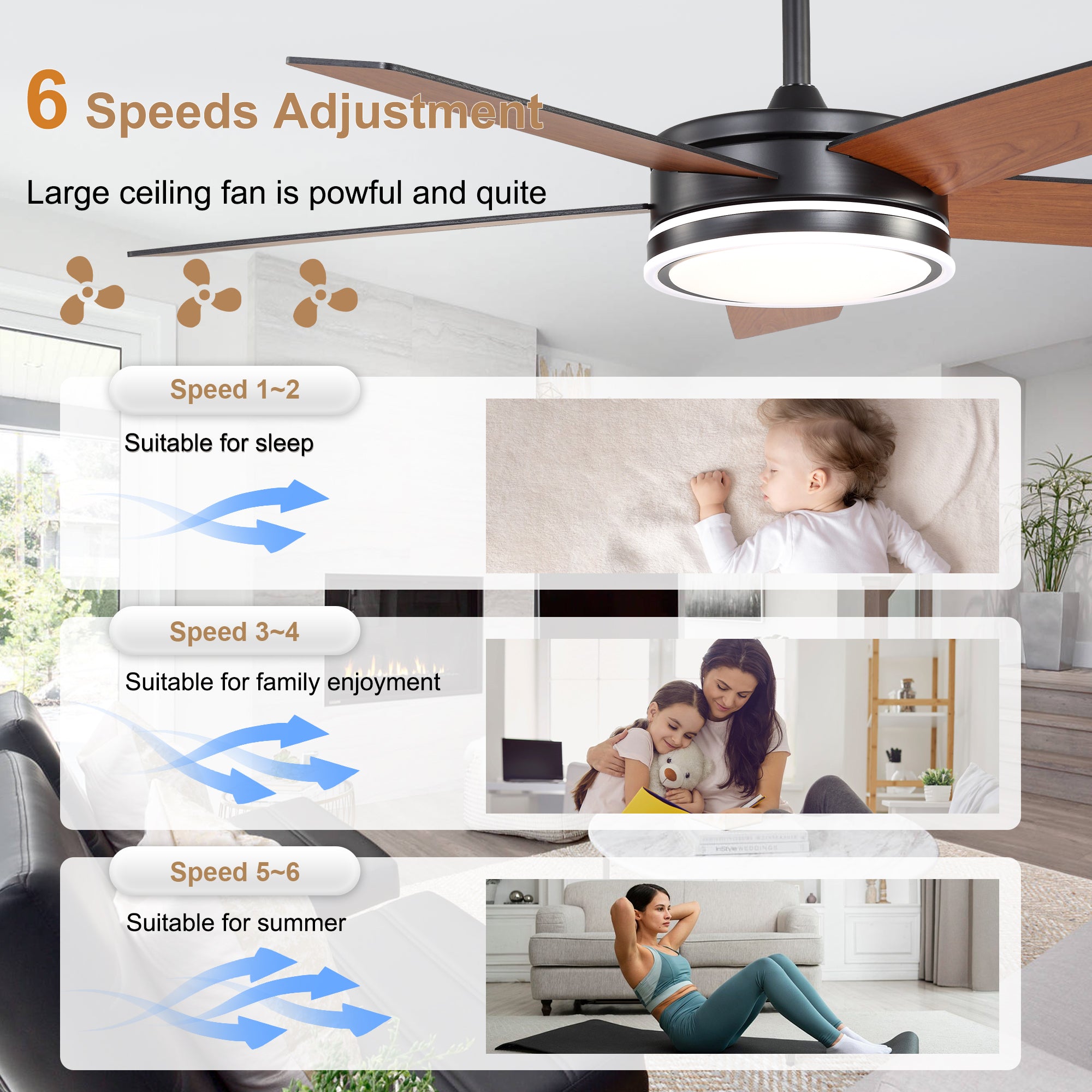 52 Inch Modern Black/Chrome Ceiling Fan with Dimmable LED Lights and Remote Control, 6 Speeds DC Motor Reversible Ceiling Fan for Large Room
